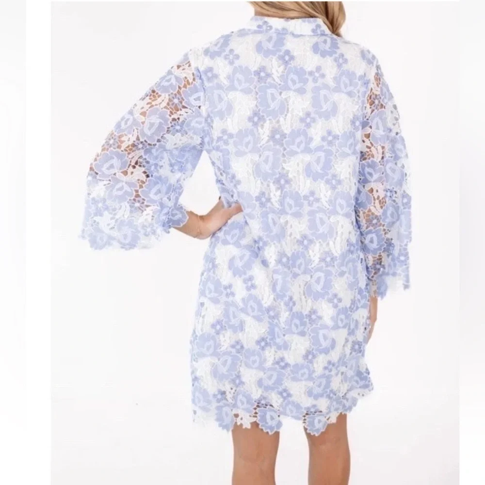 J. Marie Small Maggie Light Blue White Lace Short Dress Kaftan 3/4 Sleeve NWT - Picture 3 of 13